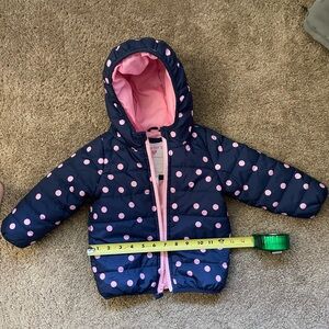 Carters 24m water resistant navy blue and pink polka dot packable puffer coat